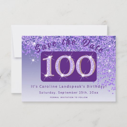 Glanzende Paarse glitter voor 100e verjaardag Save The Date (Voorkant)