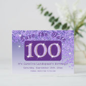 Glanzende Paarse glitter voor 100e verjaardag Save The Date (Staand voorkant)