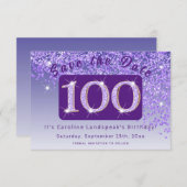 Glanzende Paarse glitter voor 100e verjaardag Save The Date (Voorkant / Achterkant)