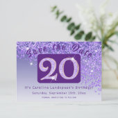 Glanzende Paarse glitter voor 20e verjaardag Save The Date (Staand voorkant)