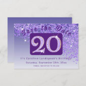 Glanzende Paarse glitter voor 20e verjaardag Save The Date (Voorkant / Achterkant)