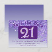 Glanzende Paarse glitter voor 21e verjaardag Save The Date (Voorkant / Achterkant)