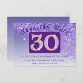 Glanzende Paarse glitter voor 30e verjaardag Save The Date (Voorkant / Achterkant)