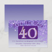 Glanzende Paarse glitter voor 40e verjaardag Save The Date (Voorkant / Achterkant)
