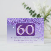 Glanzende Paarse glitter voor 60e verjaardag Save The Date (Staand voorkant)