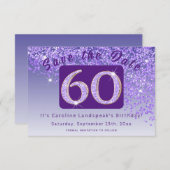 Glanzende Paarse glitter voor 60e verjaardag Save The Date (Voorkant / Achterkant)