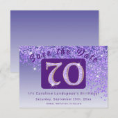Glanzende Paarse glitter voor 70e verjaardag Save The Date (Voorkant / Achterkant)