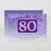 Glanzende Paarse glitter voor 80e verjaardag Save The Date (Voorkant / Achterkant)