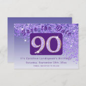 Glanzende Paarse glitter voor 90e verjaardag Save The Date (Voorkant / Achterkant)