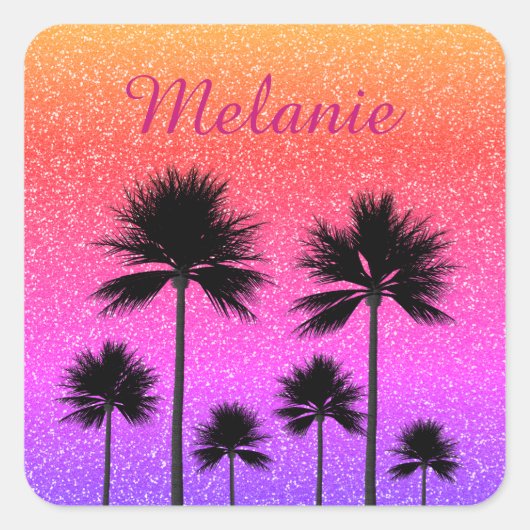 Glanzende Palmboomgradiënt Zonsondergang Persoonli Vierkante Sticker (Voorkant)