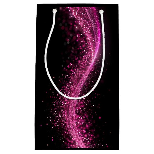 Glanzende papieren zak in roze pailletten is zwart klein cadeauzakje (Voorkant)