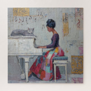 Glanzende Pianodame Paarse Grijze Kat Legpuzzel