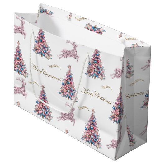 Glanzende rendieren en pastel kerstbomen roze groot cadeauzakje (Voorkant Gekanteld)