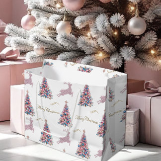 Glanzende rendieren en pastel kerstbomen roze groot cadeauzakje