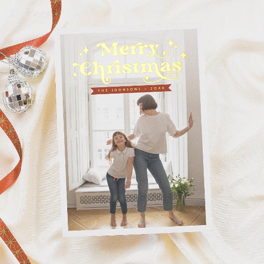 Glanzende Retro Typografie Groovy Kerstmis Foto Folie Feestdagenkaart