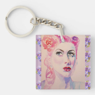 Glanzende Retro Vrouw Vintage Paarse Waterverf Sleutelhanger