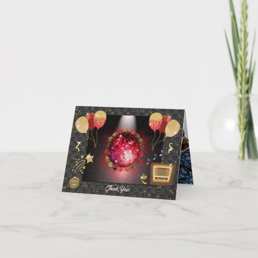 Glanzende Rode Disco Bal & Afstudeerhoeden Foto Bedankkaart (Voorkant)