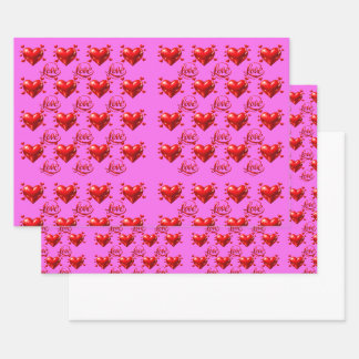 Glanzende Rode Harten en Liefdesschrift Romantisch Inpakpapier Vel
