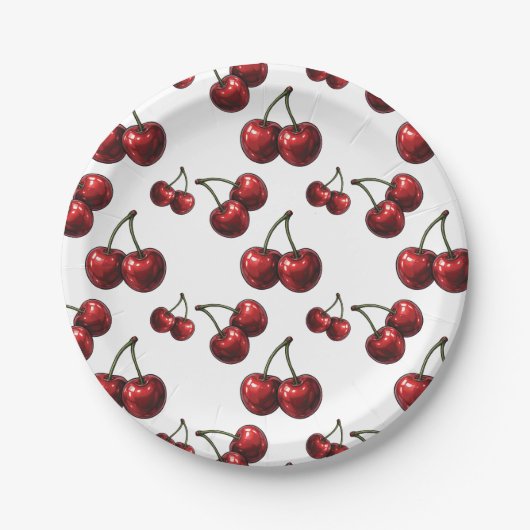 Glanzende Rode Kersen Witte Retro Feest Papieren Bordje (Voorkant)