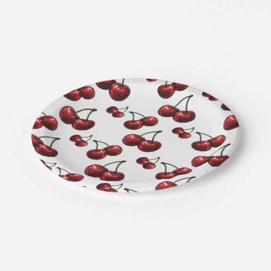 Glanzende Rode Kersen Witte Retro Feest Papieren Bordje (Gekanteld)