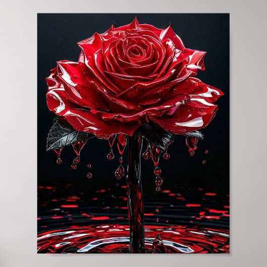 Glanzende Rode Roos met Dauwdruppels Romantisch Poster (Voorkant)