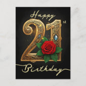 Glanzende rode roos sierlijke gouden 21e verjaarda briefkaart (Voorkant)