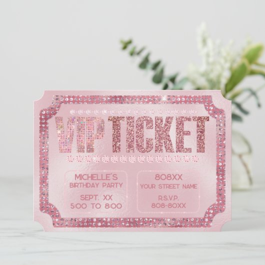 Glanzende Roze Diamanten VIP Ticket Uitnodiging (Staand voorkant)
