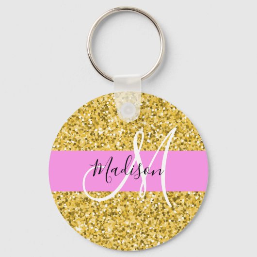 Glanzende roze en gouden glitters Monogram naam Sleutelhanger (Voorkant)