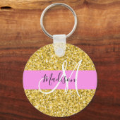 Glanzende roze en gouden glitters Monogram naam Sleutelhanger (Voorkant)