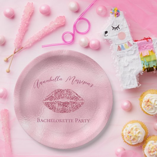 Glanzende Roze Glitter Lippen Bachelorette Papieren Bordje (Feest)