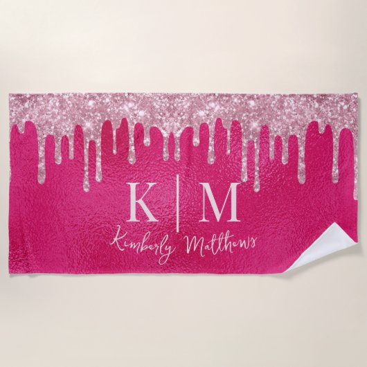 Glanzende Roze Glitter Monogram Initiaal Strandlaken (Voorkant)