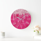 Glanzende Roze Glitter Monogram Initialen Grote Klok (Huis)