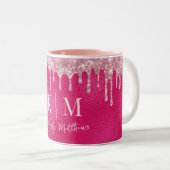 Glanzende Roze Glitter Monogram Initialen Tweekleurige Koffiemok (Voorkant rechts)
