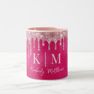 Glanzende Roze Glitter Monogram Initialen Tweekleurige Koffiemok