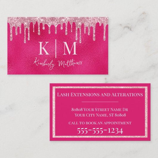 Glanzende Roze Glitter Monogram Initialen Visitekaartje (Voorkant / Achterkant)
