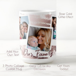 Glanzende Roze Goud en Witte 3 Foto Collage Koffiemok