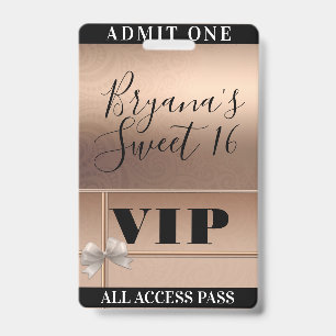 Glanzende Roze Goud & Strik Sweet 16 Feest VIP Pas Badge