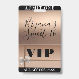 Glanzende Roze Goud & Strik Sweet 16 Feest VIP Pas Badge