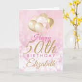 Glanzende Roze Gouden Ballon 50e Verjaardag Kaart (Gele Bloem)