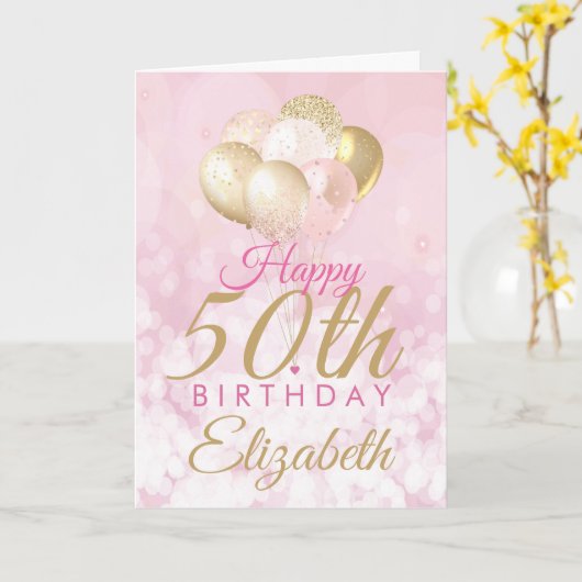 Glanzende Roze Gouden Ballon 50e Verjaardag Kaart (Gele Bloem)