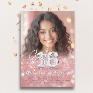 Glanzende Roze Gouden Diamanten Chic Foto Sweet 16 Kaart