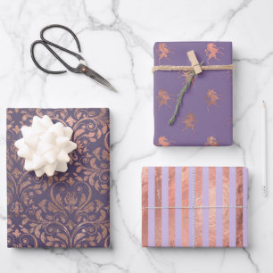 Glanzende roze gouden folie en lavendel patronen inpakpapier vel