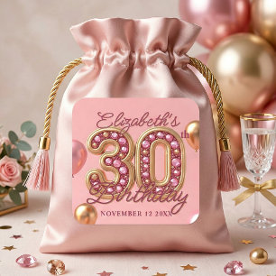 Glanzende Roze Gouden Gejewelde Ballon 30e Verjaar Vierkante Sticker