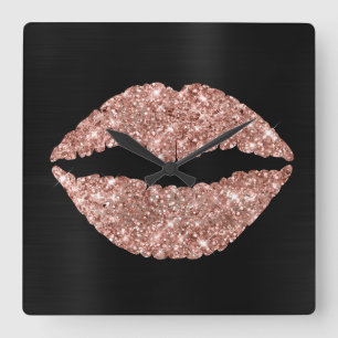 Glanzende Roze Gouden Glitter Lippenstift Zwarte F Vierkante Klok