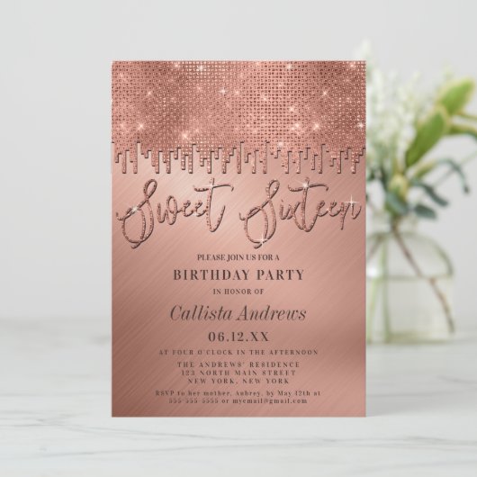 Glanzende Roze Gouden Glitter Pixels Sweet 16 Kaart (Staand voorkant)