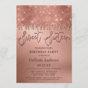 Glanzende Roze Gouden Glitter Pixels Sweet 16 Kaart