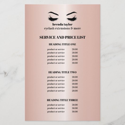 Glanzende roze Gouden WIMPERS SALON SERVICE LIJST Flyer (Voorkant)