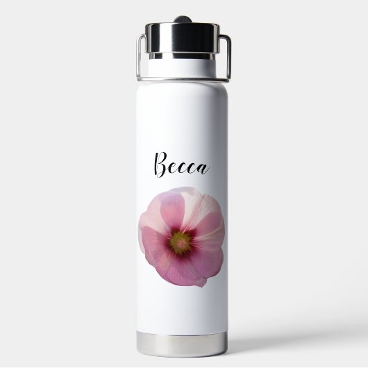 Glanzende roze Hollyhock Flower Personalized Waterfles (Achterkant)