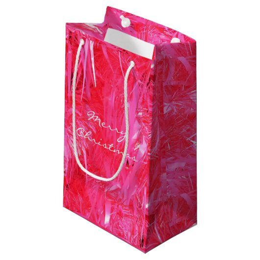 Glanzende roze Merry Christmas Gift Bag Custom Klein Cadeauzakje (Voorkant Gekanteld)