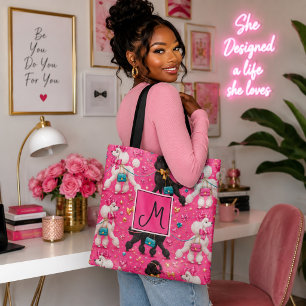 Glanzende Roze Poodle Parade Monogram Tote Bag